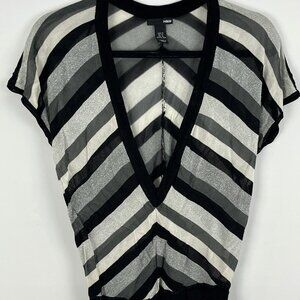 H&M Top Blouse Size M Black Gray Striped Short Sleeve Decollete V Neck Stretch